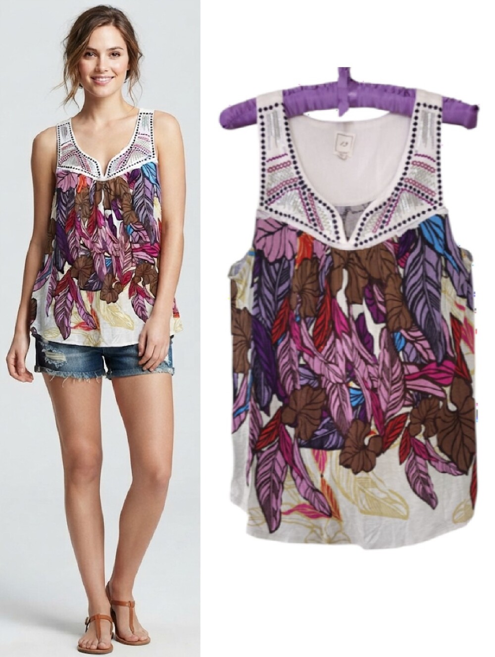 Anthropologie One September Leaf Print Embellished Tank Top Medium Boho